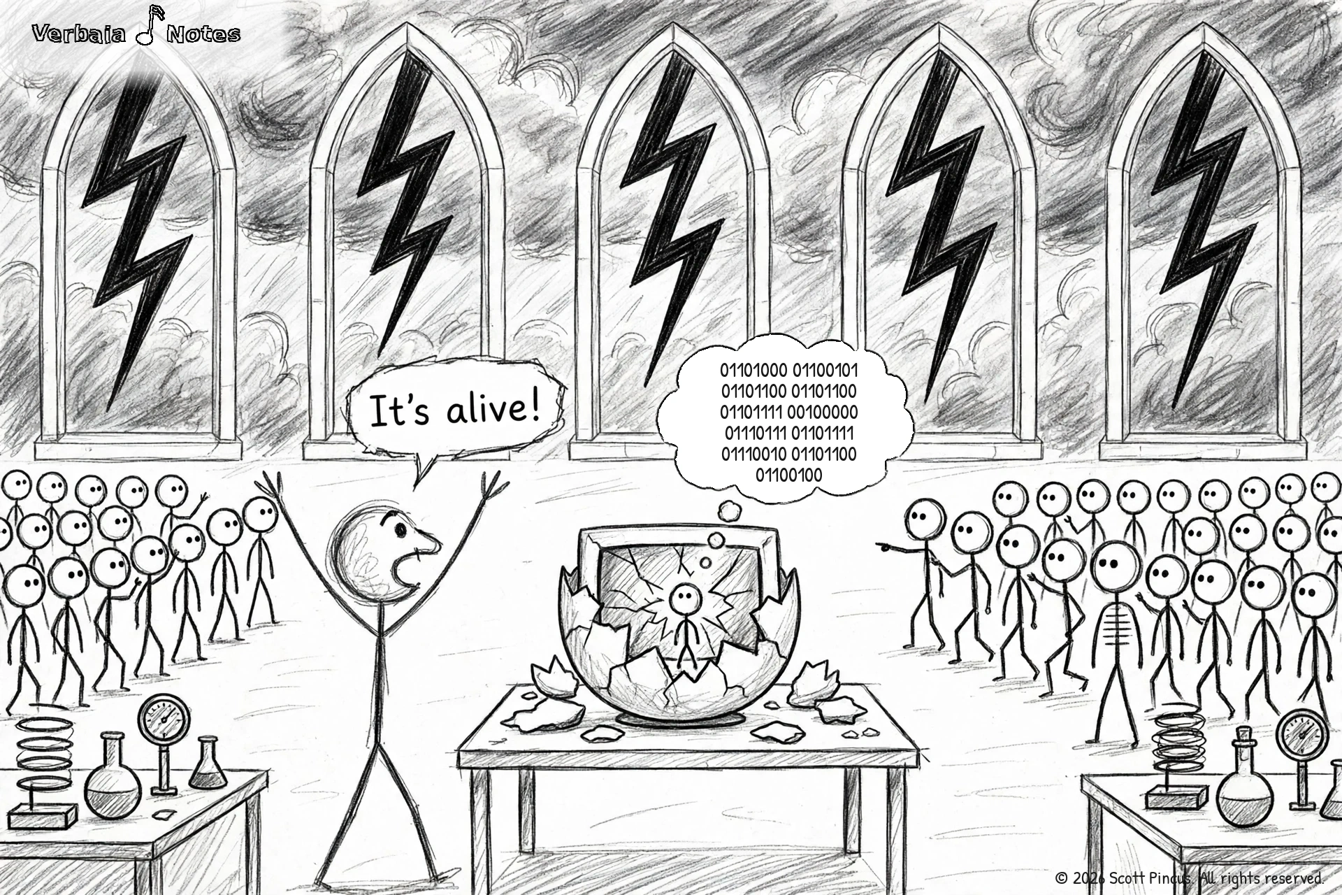 Stick-figure cartoon: in a Frankenstein-style laboratory, a large stick figure shouts “It’s alive!” beside a table where a newborn stick figure hatches out of an eggshell-shaped CRT monitor, a thought bubble above it showing “hello world” written in binary code.